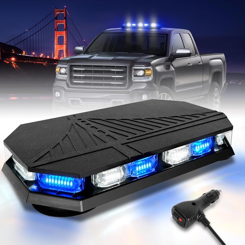 HLauto 406D Rooftop Emergency Strobe Lights Bar, 102 LED Blue White Mini Beacon Safety Flashing Warning Traffic Lights Bar w/Magnetic Base for 12-24V Trucks, Construction Vehicles, Snowplow, Cars - Image 1